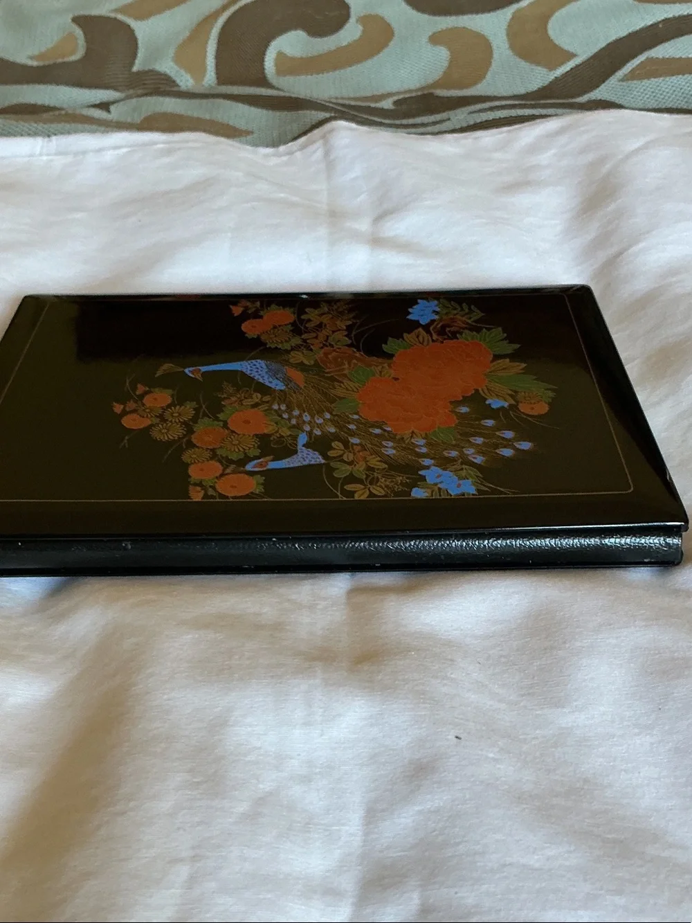 Lacquered Address Book with Blue and Orange Peacock Design